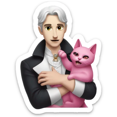 A pale male vampire petting a pink cat sticker