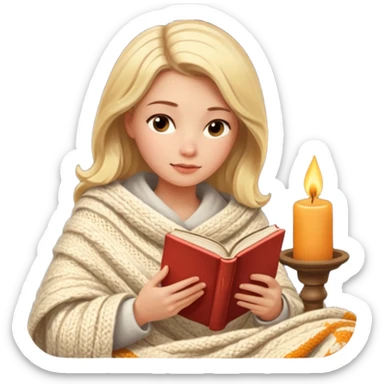 Cozy blonde woman reading book with blanket and candle sticker