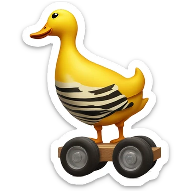 Big Yellow Duck with vertical tiger stripes on wooden wheels like from the book janosh. Point of view from the side 90 degrees sticker