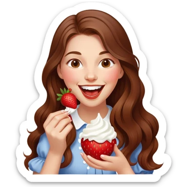 Girl with long brown hair eating strawberries and whipped cream, laughing elegant  sticker