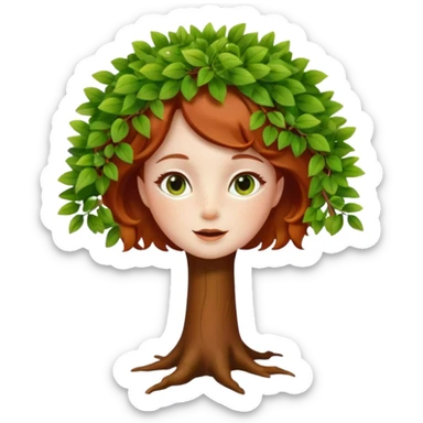 Un petit sapin vert sylvestre, féminin, regard malicieux, tâches de rousseurs délicates, joues roses. Yeux de biche brillants en forme amande, yeux couleur ambre, tronc couleur acajou. Sapin en mouvement, incurvé pour un effet vivant. Style memoji. sticker