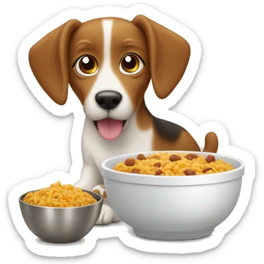 A cute dog with a recipe for food in the bowl in front of it means not just simple food in the bowl but a recipe food that the dog is eating. sticker