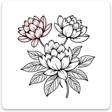 peony flowers with lush petals and leaves in pastel colors dd9fb0 ffc6d3 a3bfc9 c4bee2 f1b091, hand-drawn doodle style sticker