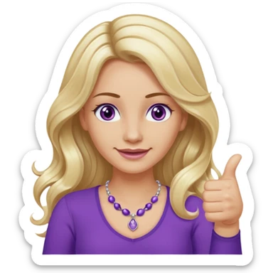 lady with long wavy blonde hair, purple top, коричневыми eyes, thumbs up, с бусами белые и серебром на шее sticker