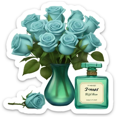 Aesthetic composition of soft blue roses with a vintage-style green  perfume bottle.
 sticker