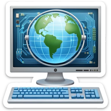 An icon featuring a computer monitor displaying code, a globe with network nodes, and a circuit board, symbolizing IT. The design includes data streams, cloud storage, and a keyboard, representing digital innovation, connectivity, and problem-solving. Transparent background sticker
