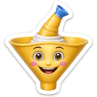 Crazy laughing emoji with an upside-down kitchen funnel on its head (not a hat), wide smile, big eyes, cartoon emoji style, bright colors. sticker