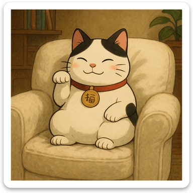White and black Chinese lucky cat on a cozy white armchair  sticker