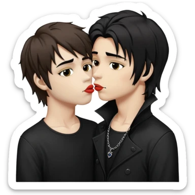Goth Boys, one goth boy pale with shaggy brown hair and makeup, the other a goth boy tan with long black hair, kissing sticker