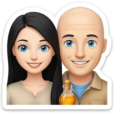 Pareja juntos . El calvo piel blanca sonrisa ojos celestes . Ella pelo negro largo ojos miel sonrisa hermosa . Enamorados  sticker