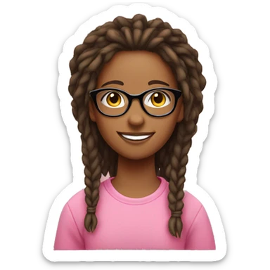 A girl with dreadleys in glasses and a pink sweatshirt with a cute smile sticker