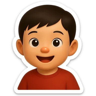 Edit the cute Asian baby boy emoji by changing the shirt to muted red while keeping the rest unchanged. Use a soft glossy texture and make it about 80% realistic. No background. sticker