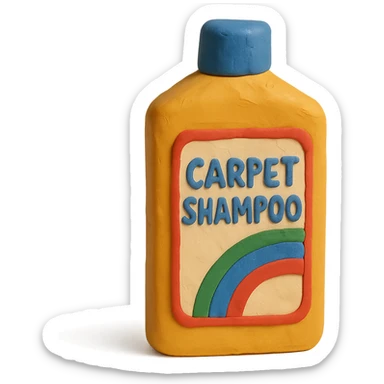 carpet shampoo bottle with blue cap and colorful label, soft lighting, claymation style sticker