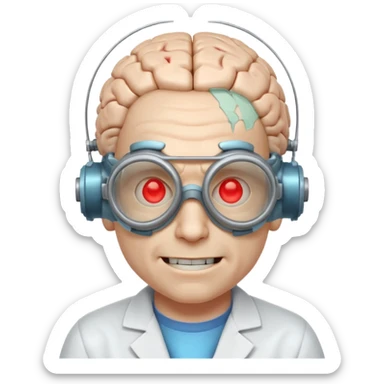 mutant scientist portrait, head and shoulders only, exposed glowing brain, broken goggles, evil smile, mad lab vibe, 3D cartoon, mobile game icon style, clean background, no text, no watermark

 sticker