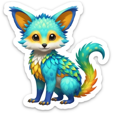 Colorful tropical exotic shiny beautiful fantasy-Trico-Cacomistle-oncilla-animal-Fakémon-hybrid-fursona (full body) sticker