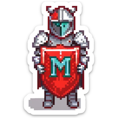 Knight with red and black armor holding a shield with the letter M on it sticker