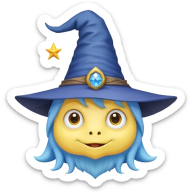 cute monster with white body, yellow tail, wearing blue sky witch hat. the face facing the front towards the 4th wall sticker