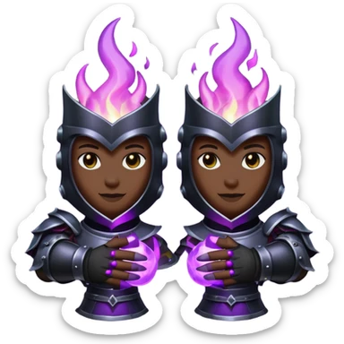 A Discord emoji of a pair of black armored gauntlets holding a flickering violet flame. The hands are positioned as if offering a gift. Dark gothic fantasy, glowing magical effects, high contrast, 2D vector style, white background. sticker