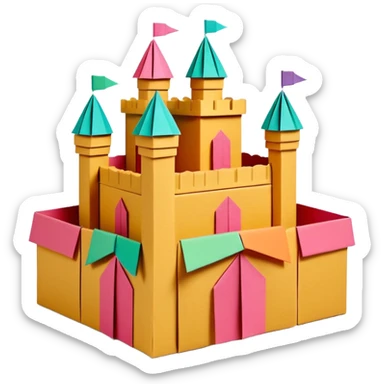 3D render of Cardboard Box Castle made entirely of folded origami paper, sharp creases, cardboard texture, matte finish, visible paper grain, craft aesthetic, Apple emoji style, isolated on white background --v 6.0 sticker