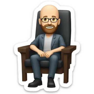 Bald, Caucasian, Psychotherapist in a modern chair with a full beard sticker