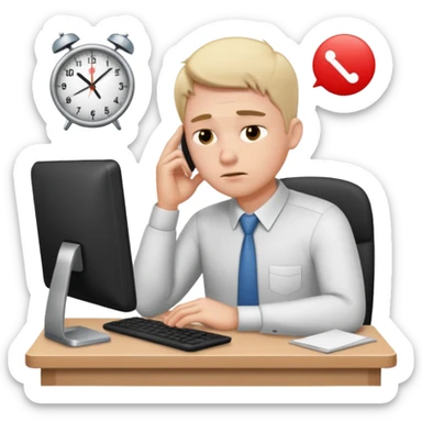 man sitting at his workplace, working hard, very tired, focused face sticker
