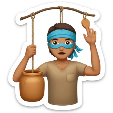blindfolded person hitting a hanging clay jar with a stick sticker