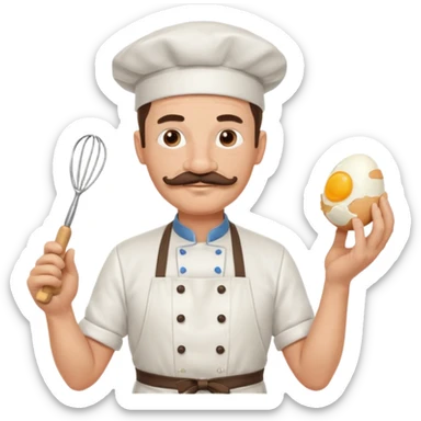 Middle aged male pastry chef - with a mustache, apron, white hat, and holding an egg beater in one hand sticker