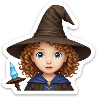 Cute toddler with curly light brown hair and blue eyes wearing a witch hat sticker