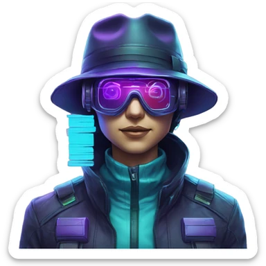 Secret human agent in a hat with  cyberpunk elements in VR googles scanning looking reviewing multicolor lines of code, cyan and purple colors, only upper body portrait sticker