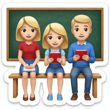 Girl is teaching a guy how to make emojis. Girl at blackboard, guy on bench learning. sticker