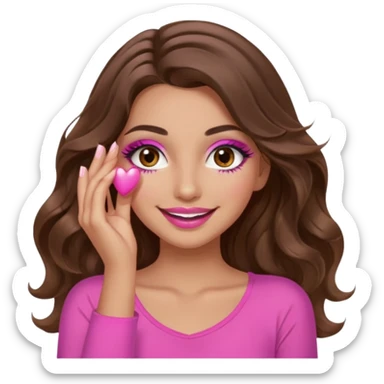 girl with long wavy brown hair, brown eyes, long lashes makeup, sexy pink lips, light to medium complexion, wearing a pink sexy top, smiling, hands covering over the eyes sticker