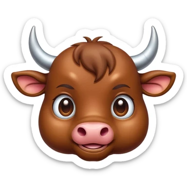 Cinematic Cute Brown Bull Portrait Emoji, Head tilted playfully and inquisitively, featuring a glossy, robust brown hide with a natural sheen, round, sparkling dark eyes filled with gentle curiosity, Simplified yet irresistibly adorable features, highly detailed, glowing with a warm, friendly glow, high shine, affectionate and imposing, stylized with a touch of rugged charm, bright and endearing, soft glowing outline, capturing the essence of a mischievous yet loving bull, so playful it feels like it could stomp out of the screen and into your arms! sticker