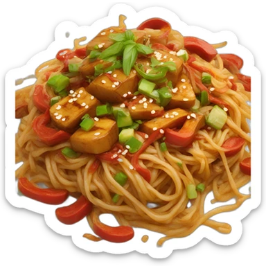 stir fry noodle with red sauce and toppings sticker