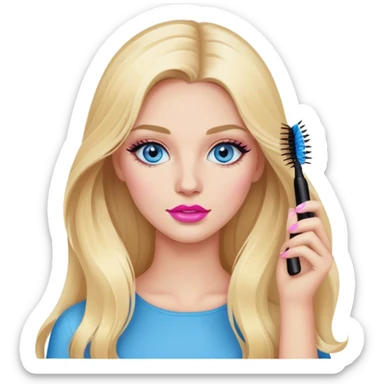 Blonde woman with long hair, blue eyes and pink lips holding mascara in her hands sticker