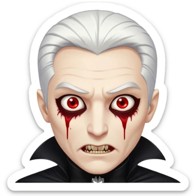 Creat a young man Vampire with white skin and white hair "make him have slide back hair" and full black vampire clothes and bloody eyes and long fangs and scary dead eyes and silver logo on his neck sticker