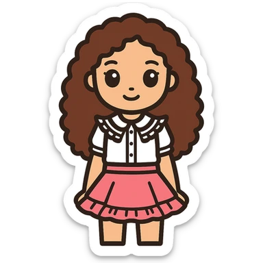 Make the girl with longer curly brown hair, keeping her light skin, brown eyes, white blouse with ruffles, and pink skirt with ruffles, no background. sticker