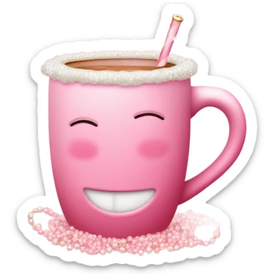 soft pink mug filled with steaming hot raspberry tea, decorated with blush pink pearl and sparkly embellishments (aesthetic, cute) sticker