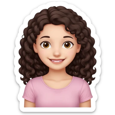 crée moi une jeune fille très belle avec les cheveux bouclés long brune avec un top de couleur rose clair sticker