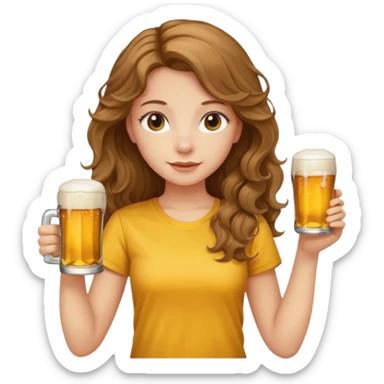 A girl with long, slightly curly, light brown hair, in a yellow T-shirt, holding a beer in her hand sticker