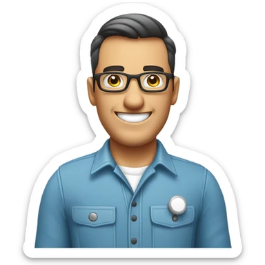 Tecnico electricista, con camisa celeste sin corbata, gafas de trabajo, hombre, saludando con una mano y sonriente sticker