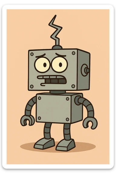 box robot with zig zag antenna, metallic details, cartoon style sticker