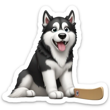 Black and White Alaskan Malamute playing hockey sticker