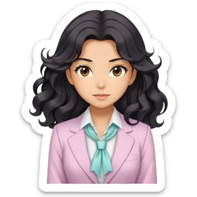 Pretty anime girl with flowing black wavy hair in a professional but feminine pastel outfit, confident boss lady pose sticker