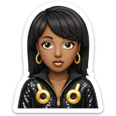 Missy Elliott with black hair, black sequin jumpsuit sticker