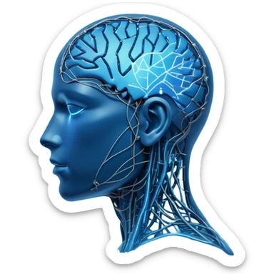 A futuristic and sleek AI-themed emoji. A glowing blue human head silhouette with a transparent effect, filled with interconnected circuit lines and neural nodes, symbolizing artificial intelligence. The head has a smooth, minimalistic design with a subtle glow around it. One side of the head blends into a digital pixelated pattern, showing the transition between human and machine intelligence. A small floating holographic brain or chip icon hovers near the head, reinforcing the AI theme. The background is dark or gradient blue to enhance the high-tech feel sticker