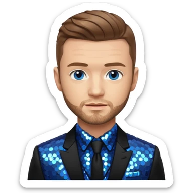 Justin Timberlake with light brown hair, blue eyes, sequin black suit jacket sticker