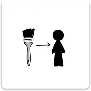 A paintbrush morphing into a metal human figure silhouette, representing artistic identity sticker
