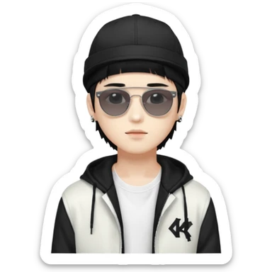 Portrait of a male K-pop idol, white skin, wearing a stylish streetwear outfit with layered clothing, makeup, wearing a black cap, sunglasses sticker
