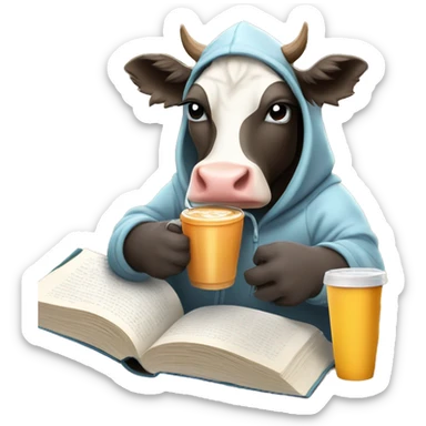 cow wearing a hoodie and sweat pants drinking an ice coffee and reading a book sticker