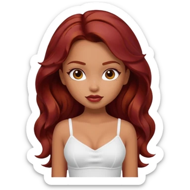 a pretty bratz tan girl with wavy dark red hair wearing a white cami top. Skintone is tan sticker